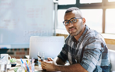 Buy stock photo Portrait, smile and man at creative presentation, project management and planning in workshop. Confidence, meeting room and designer at tech startup for growth, development or opportunity in office.