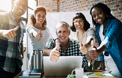 Buy stock photo Business people, group and thumbs up in portrait at startup for agreement, diversity or decision. Men, women and leader with sign, feedback or emoji for choice, yes and like with solidarity in office