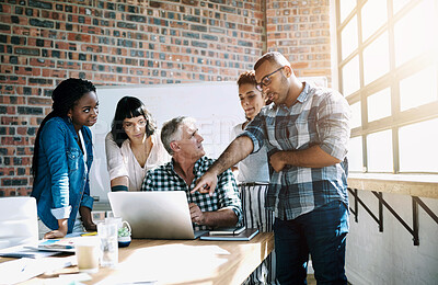 Buy stock photo Team, meeting and collaboration on laptop with creative staff, conversation and graphic design planning. Management, working and people with project and internet research discussion with tech