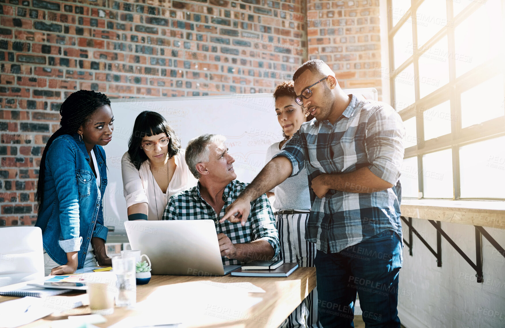 Buy stock photo Team, meeting and collaboration on laptop with creative staff, conversation and graphic design planning. Management, working and people with project and internet research discussion with tech