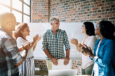 Buy stock photo Business people, team and applause for success in seminar with company growth and target achievement. Happy manager, professional employees or clapping hands for celebration and victory at conference