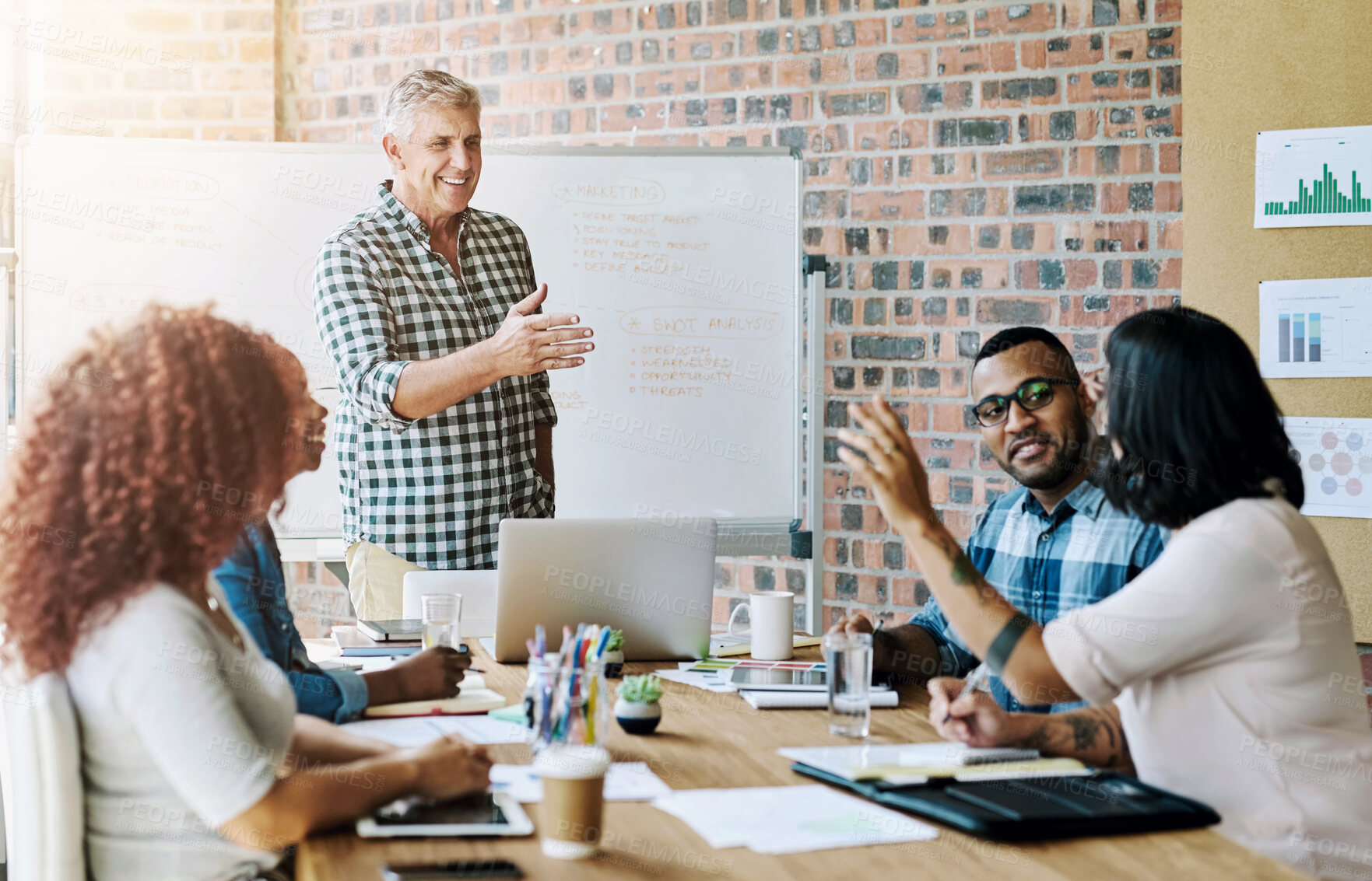 Buy stock photo Business people, raised hand and questions in meeting at startup for brainstorming with group. Teamwork, discussion and happy with feedback, review and presentation with diversity at creative agency