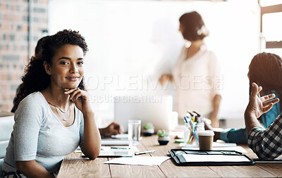 Buy stock photo Business, presentation and portrait of woman in office with documents for teamwork, planning or idea inspiration. Meeting, face or accounting intern with group of people for sales, profit or feedback