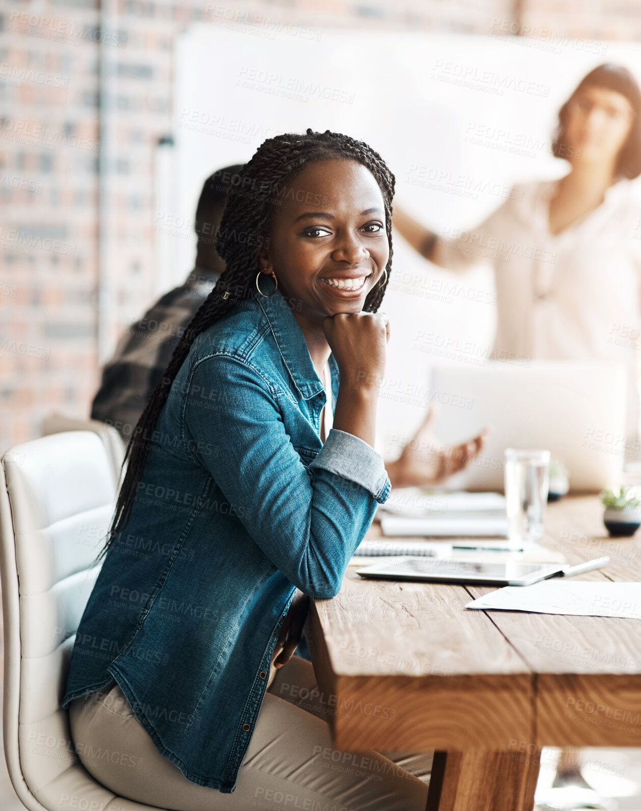 Buy stock photo Business meeting, presentation and portrait of black woman with team in office for learning, training or collaboration. Coaching, face and people with mentor for conference, discussion or workshop 