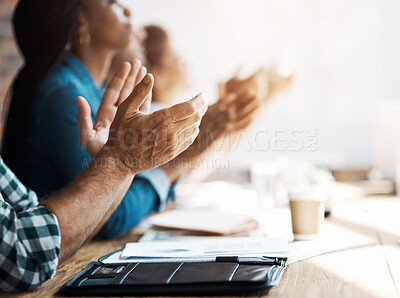 Buy stock photo Business people, group and applause for success in seminar with company growth and target achievement. Audience, professional employees or clapping hands for celebration or victory at team conference