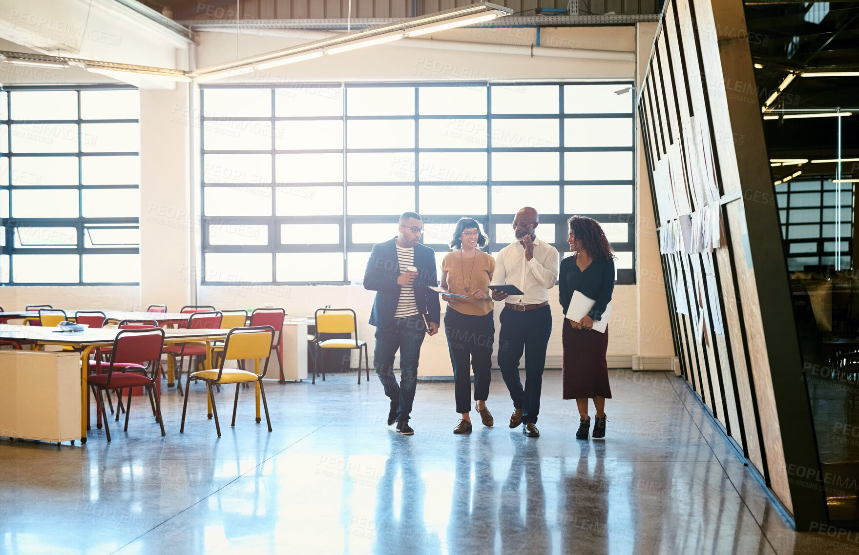 Buy stock photo Business people, tablet and discussion in office cafeteria on coffee break for diversity, ideas or support. Men, woman and teamwork with digital touchscreen for brainstorming, talk or problem solving