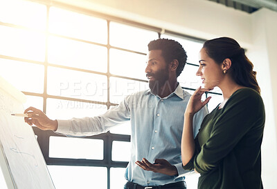 Buy stock photo Mentor, board and office training with business man and company intern with teaching and talking. Professional, manager and working with advice for public relations job and planning for project
