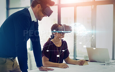 Buy stock photo Man, woman and virtual reality in office with holographic overlay, lines and globe with futuristic iot in collaboration. People, AR and glasses for digital transformation, 3d earth or ux in metaverse