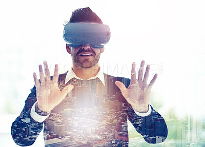 Buy stock photo Overlay, virtual reality and business man with city for metaverse, online networking and cyberworld. Digital, double exposure and worker with hands for user interface, vr simulation and website