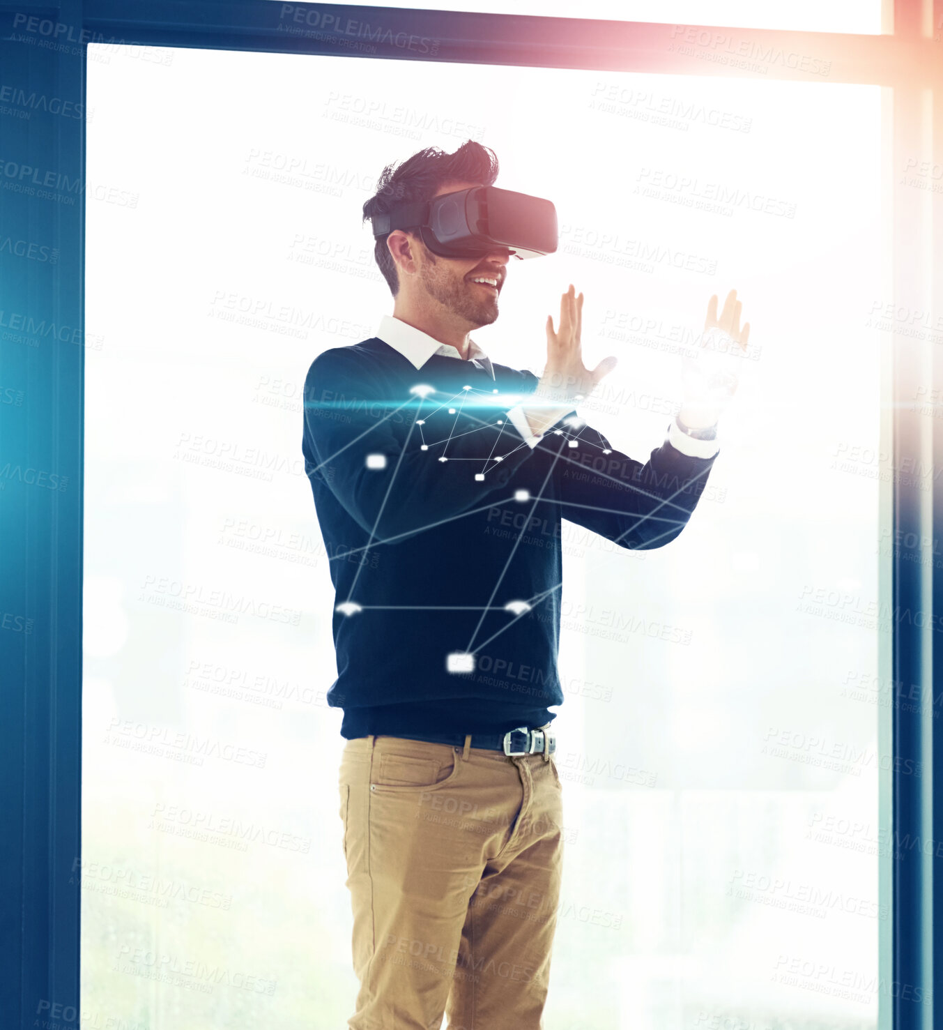 Buy stock photo Hologram, virtual reality and business man in office for metaverse, online networking and cyberworld. Digital, technology and worker with hands for user interface, vr simulation and company website