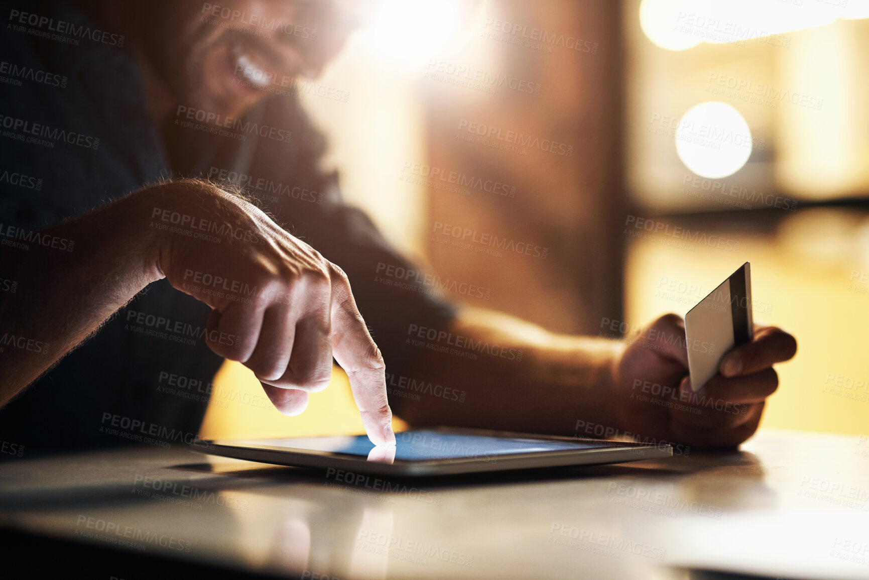 Buy stock photo Hand, tablet and man with credit card in office for online ecommerce order for supplies. Banking, digital technology and male person with workplace rent, debt or mortgage payment for startup company.