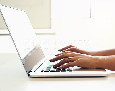 Buy stock photo Copywriting, person and hands with laptop in closeup for web blog, planning article and internet research. Editor, freelance writing and email feedback for connection, remote work and networking