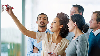 Buy stock photo Creative people, writing and coaching with glass board for schedule planning, tasks or agenda at office. Group of young and business employees taking notes for discussion, brainstorming or startup