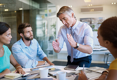 Buy stock photo Corporate, man and meeting by speaking in office for planning, ideas and collaboration support of project pitch. Men, woman and discussion for brainstorming, feedback or teamwork of negotiation goal