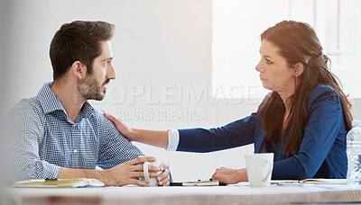 Buy stock photo Business people, hr manager and employee support for burnout and stress management in office. Corporate team, human resources and counseling for mental health help with comfort, fatigue and empathy