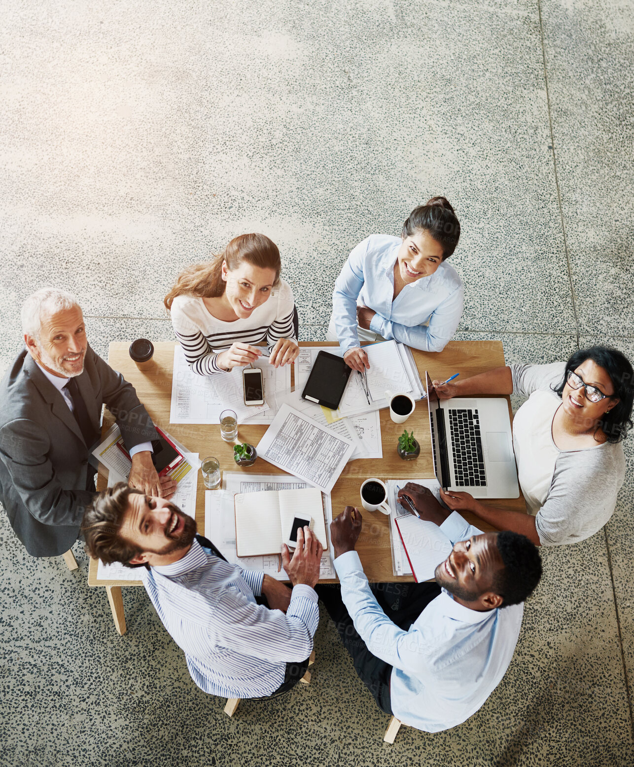 Buy stock photo Business people, teamwork and accounting meeting with collaboration, diversity and portrait from above. Professional senior manager and group with paperwork, spreadsheet and laptop for budget report