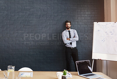 Buy stock photo Meeting, whiteboard and businessman with arms crossed in boardroom for presentation, seminar or workshop. Portrait, planning and employee with confidence for ideas, review or project development