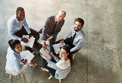 Buy stock photo Businesspeople, meeting and above in portrait with happiness, planning and ideas in office with notes. Diversity, workplace and smiling staff with documents for company project with collaboration.