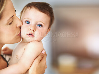 Buy stock photo Mom, baby and portrait with kiss for care or childcare with support, love and cute as toddler and child development. Parent, kid and growth at home for bonding, childhood memories and safety