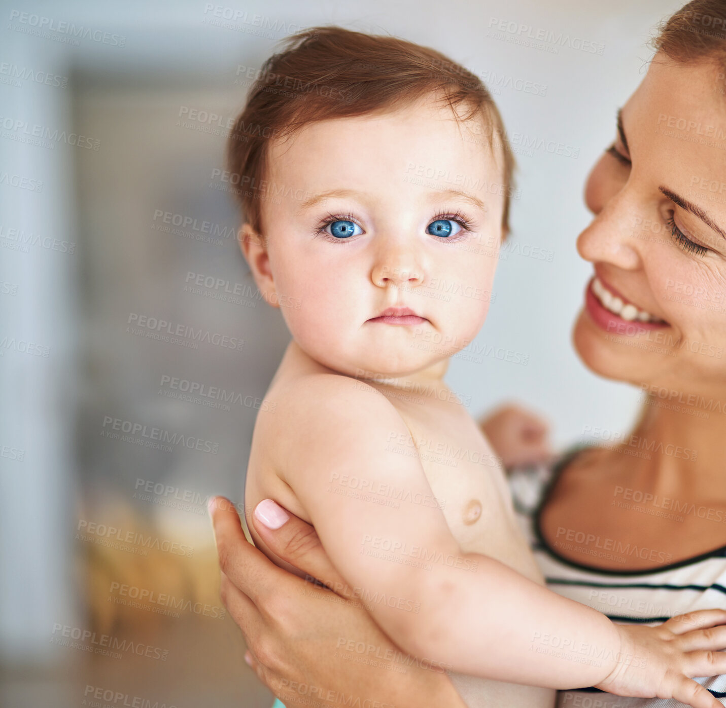 Buy stock photo Happy mother, portrait and baby with blue eyes for love, support or childcare at home. Cute or adoable little infant, newborn or young kid with parent, mom or smile in joy or happiness at house