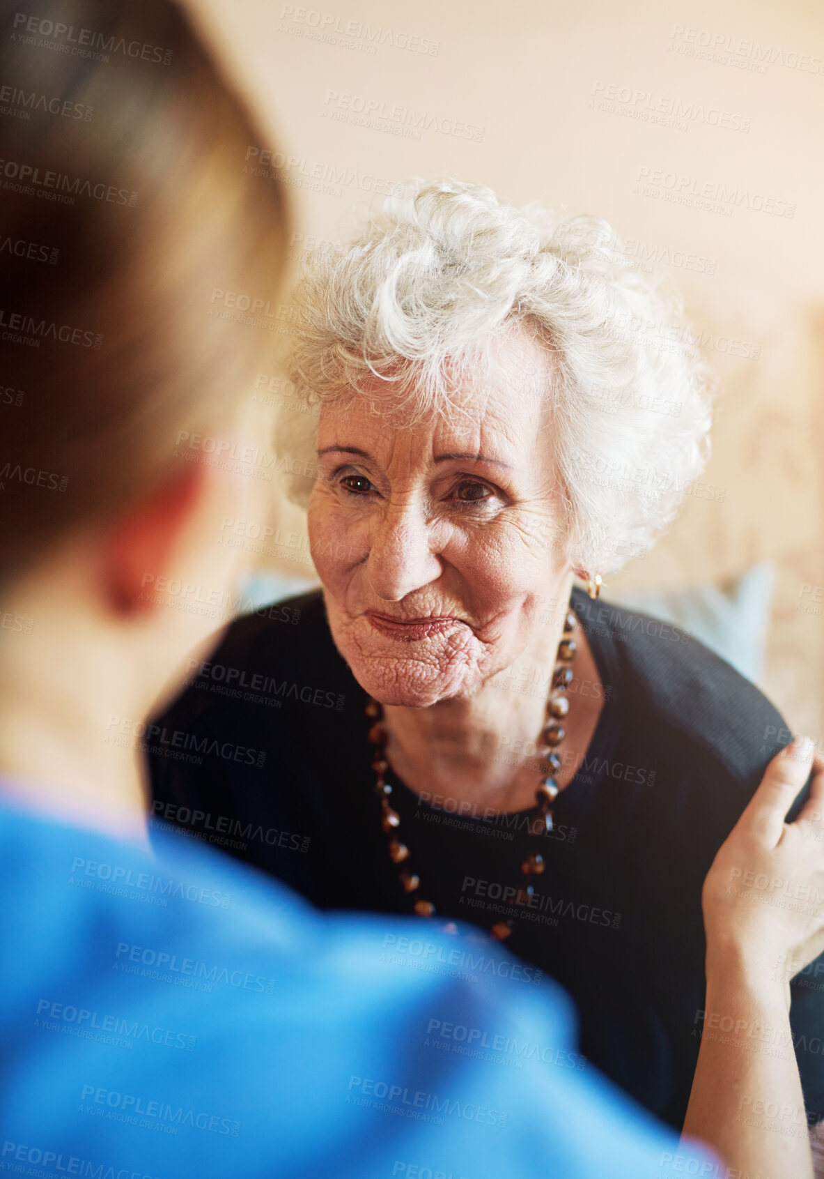 Buy stock photo Senior, woman and happy with caregiver for support in nursing home with kindness, empathy and compassion. Elderly person, nurse and smile with comfort or gratitude for homecare, respect or retirement