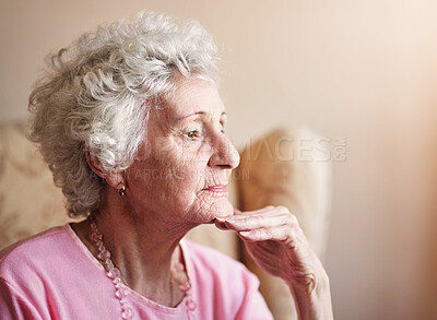 Buy stock photo Window, elderly or woman thinking in nursing house with memory, ideas or calm peace on living room. Daydreaming, remember and senior lady with decision and nostalgia in retirement, lounge or home