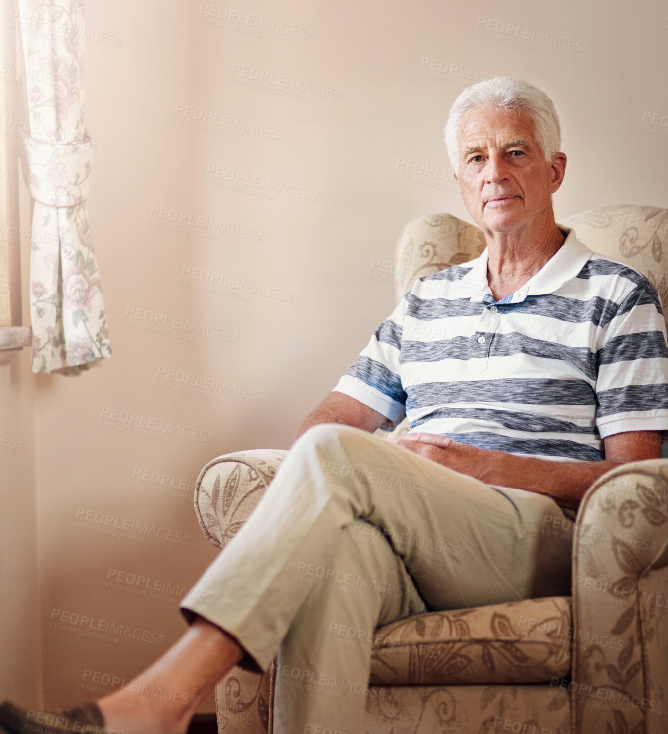 Buy stock photo Sofa, relax and portrait of senior man for resting, peaceful and comfortable on weekend. Living room, pensioner and person on couch in nursing home for assisted living, elderly care and retirement