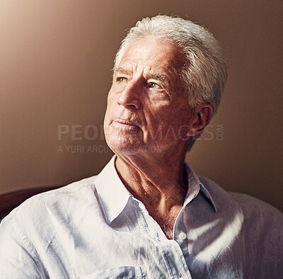 Buy stock photo Thinking, depression and senior man in home living room to remember memory, stress or reflection of crisis. Doubt, retirement and person with alzheimer, anxiety and worry for future decision in house