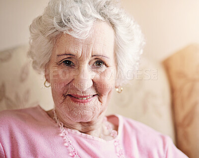 Buy stock photo Portrait, smile and senior woman in armchair with health, wellness and comfort in nursing home. Relax, pride and elderly person on sofa in lounge with happy face, confidence and care in retirement