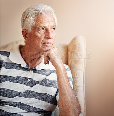 Buy stock photo Senior man, home and thinking in chair with memories or reflection on retirement, break and chill. Thoughts, calm and relax or peaceful as elderly person with mindfulness, perspective and nostalgia