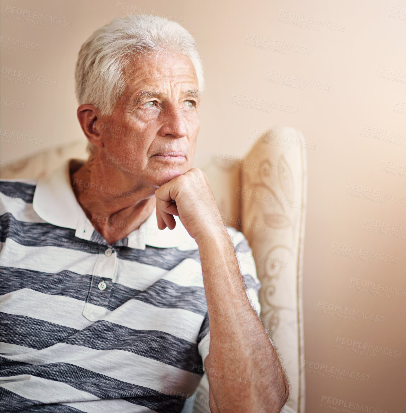 Buy stock photo Senior man, home and thinking in chair with memories or reflection on retirement, break and chill. Thoughts, calm and relax or peaceful as elderly person with mindfulness, perspective and nostalgia