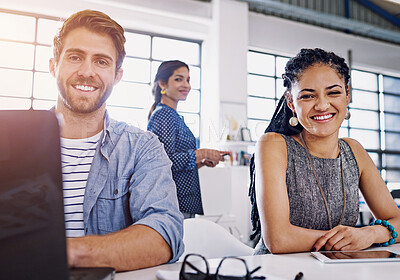 Buy stock photo Teamwork, laptop and portrait of businessman and woman with smile at creative agency for web design. Collaboration, technology and face of employee or staff with confidence for website development