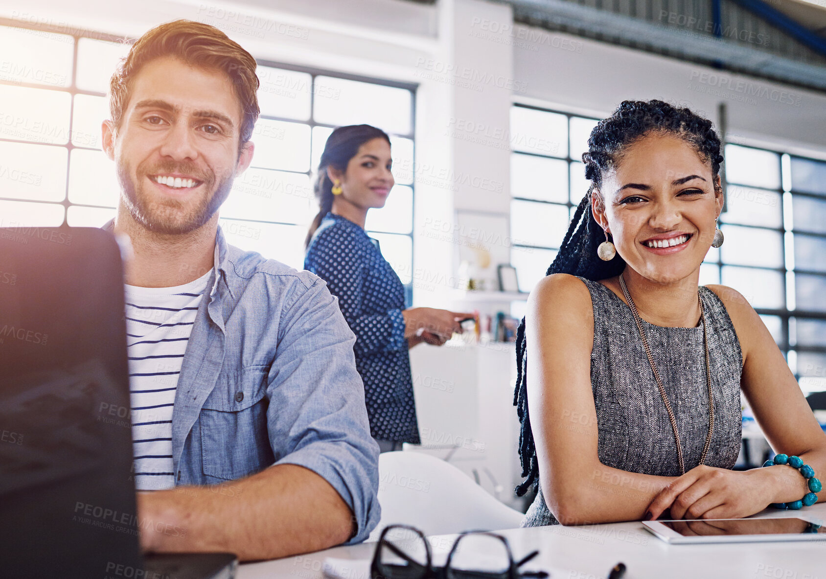 Buy stock photo Teamwork, laptop and portrait of businessman and woman with smile at creative agency for web design. Collaboration, technology and face of employee or staff with confidence for website development