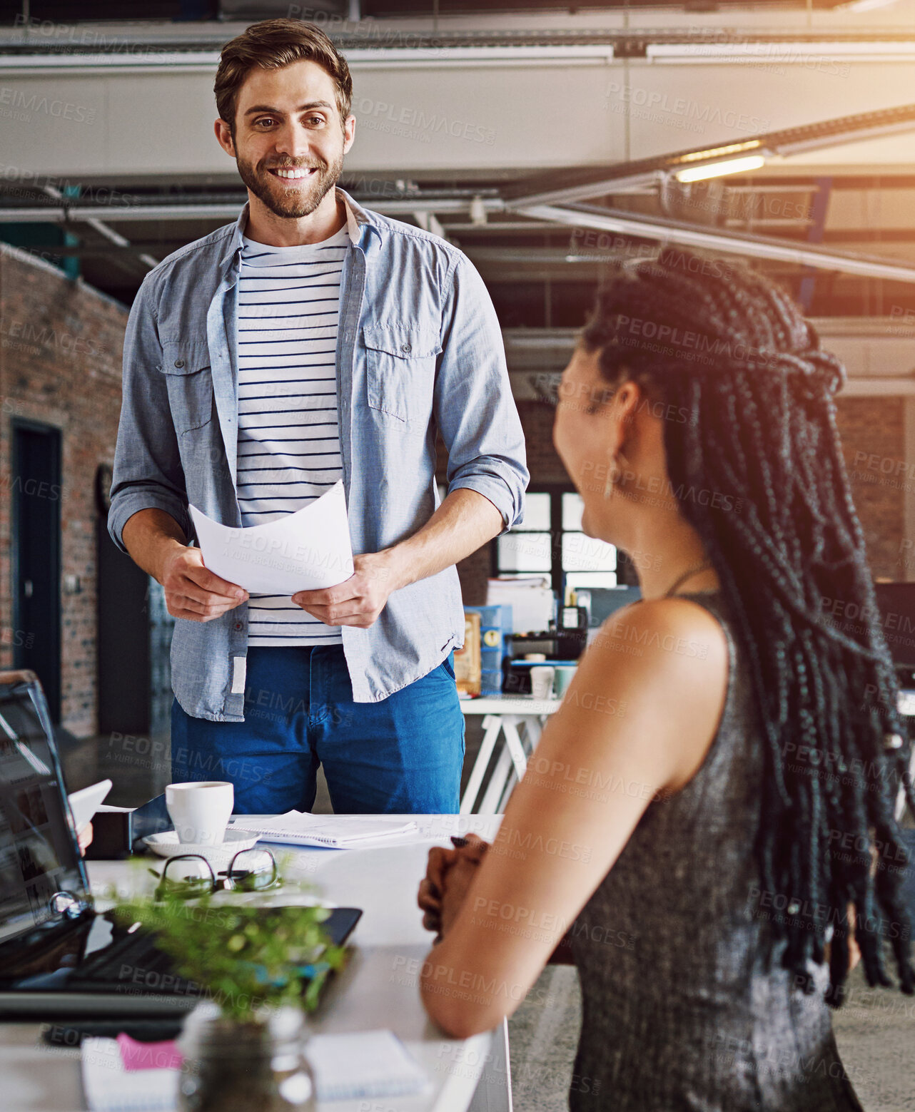 Buy stock photo Businessman, assistant and happy with paperwork at desk for research on company budget or client briefing. Employees, teamwork and smile with document, financial portfolio or administration in office