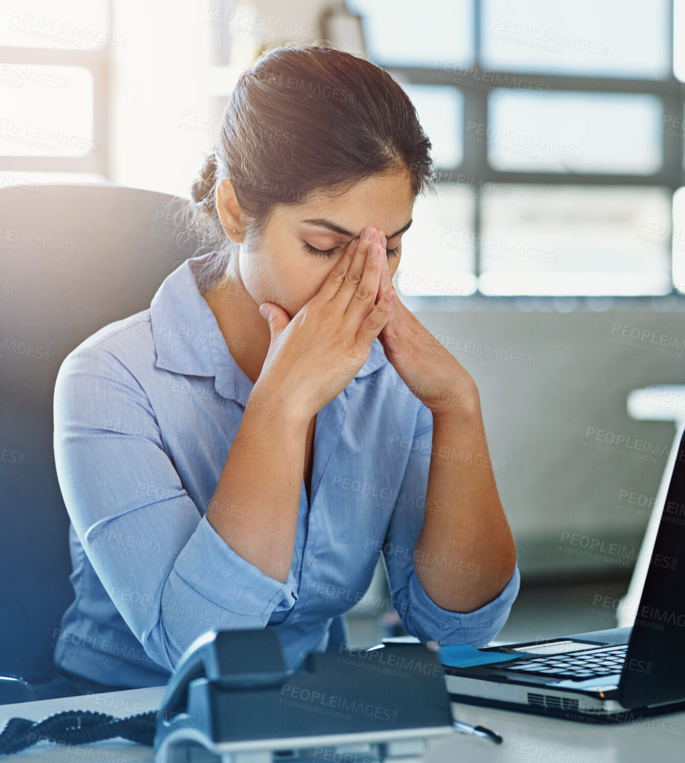 Buy stock photo Stress, depression or businesswoman with headache, career pressure or mistake in office. Laptop, upset receptionist or exhausted secretary frustrated by 404 error in workplace with burnout or anxiety