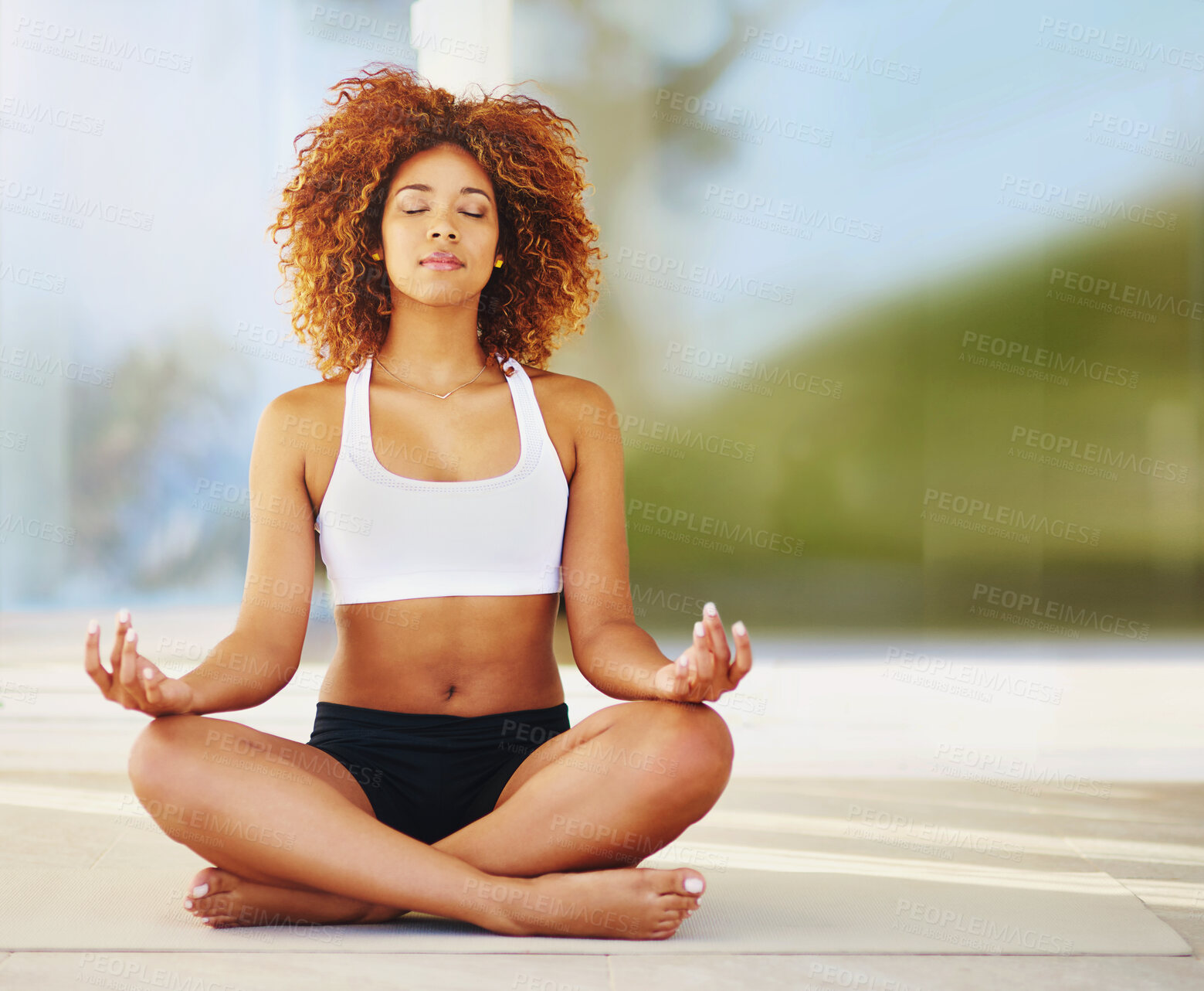 Buy stock photo Woman, relax and meditation with zen for exercise, spiritual wellness or fitness on floor at patio. Calm or young female person or yogi in lotus pose for workout, mindfulness or inner peace at house