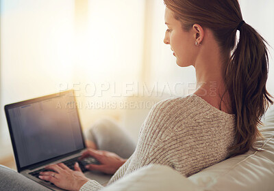 Buy stock photo Relax, laptop and woman on sofa in home for streaming subscription, watching movies and internet. Lens flare, apartment and person on computer for website, networking and online in living room