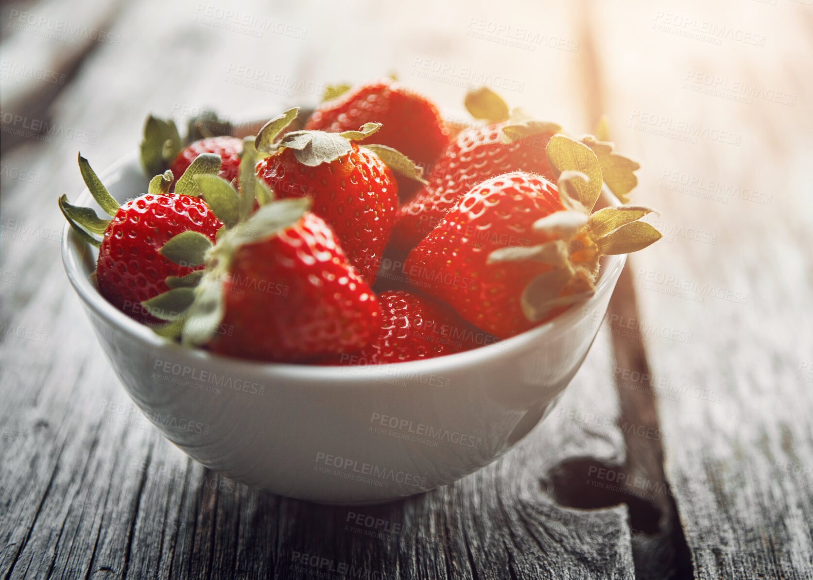 Buy stock photo Strawberry, bowl and table with healthy food and fruit for wellness, nutrition and to lose weight. Home, breakfast and sustainable meal or health snack with vitamin A and diet dessert for eating