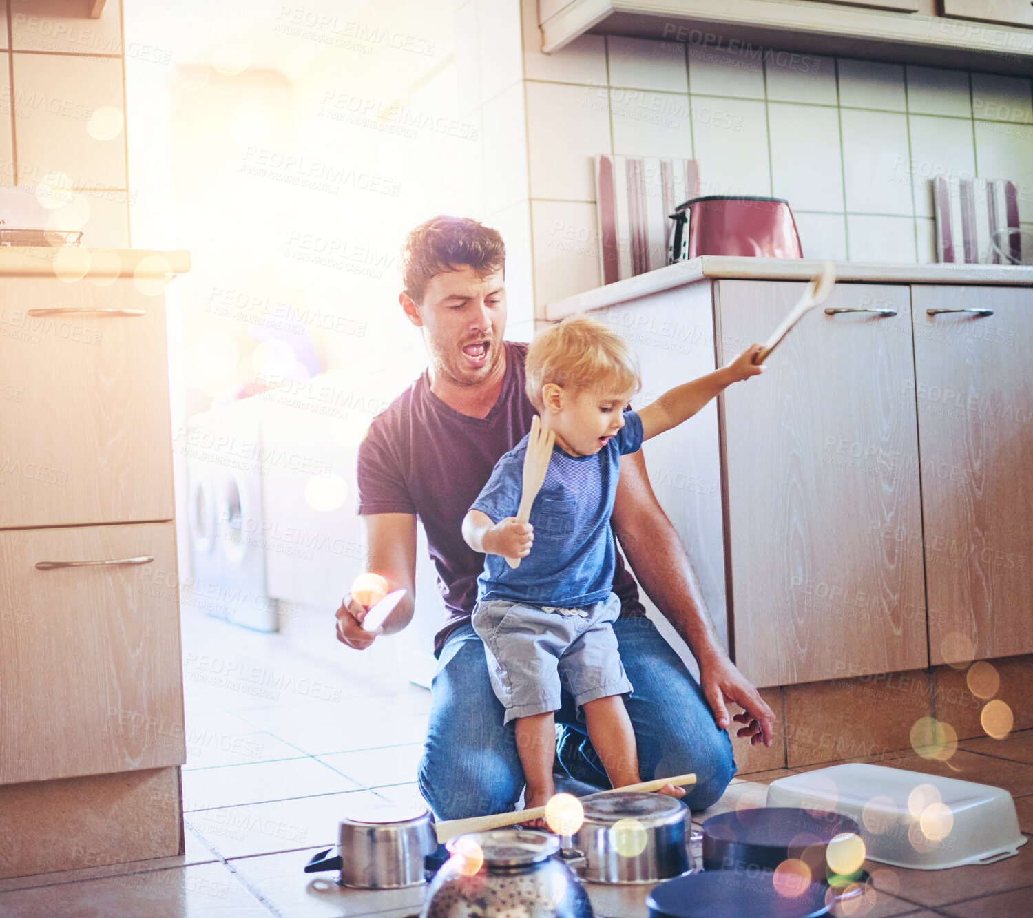 Buy stock photo Pots, drums and kid with dad in home with music, fun and playing in a kitchen with a smile. Creative, musician game and fantasy with sound, youth and bonding together on the floor with happy boy