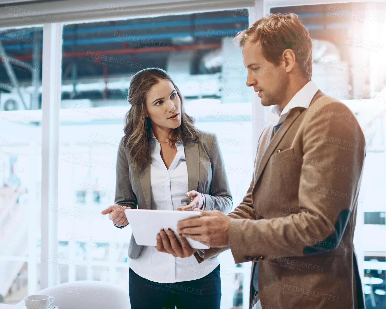 Buy stock photo Collaboration, planning and tablet with business people in office together for problem solving. Agenda, meeting and vision with corporate employee team in workplace for brainstorming discussion