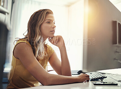 Buy stock photo Thinking, reading and business woman in home office for remote work project, planning and b2b, networking or communication. Pc, search and girl entrepreneur online for startup, research or solution 