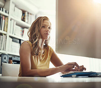 Buy stock photo Woman, typing and thinking by computer in home office for remote work with planning, review and editing. Person, author or writer with ideas, proofreading and click keyboard for story development