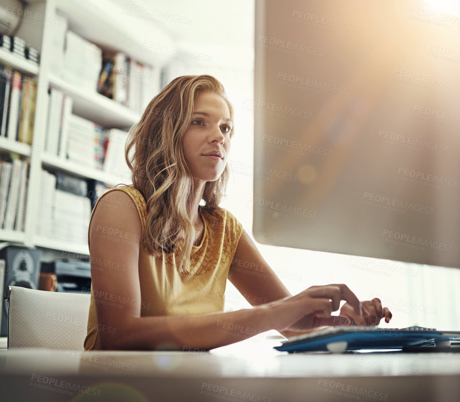 Buy stock photo Woman, typing and thinking by computer in home office for remote work with planning, review and editing. Person, author or writer with ideas, proofreading and click keyboard for story development