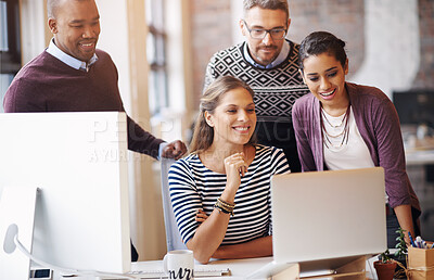 Buy stock photo Business people, group and scrum by laptop at startup with reading, brainstorming or diversity in office. Women, men and computer in team for ideas, solution or feedback on project at creative agency