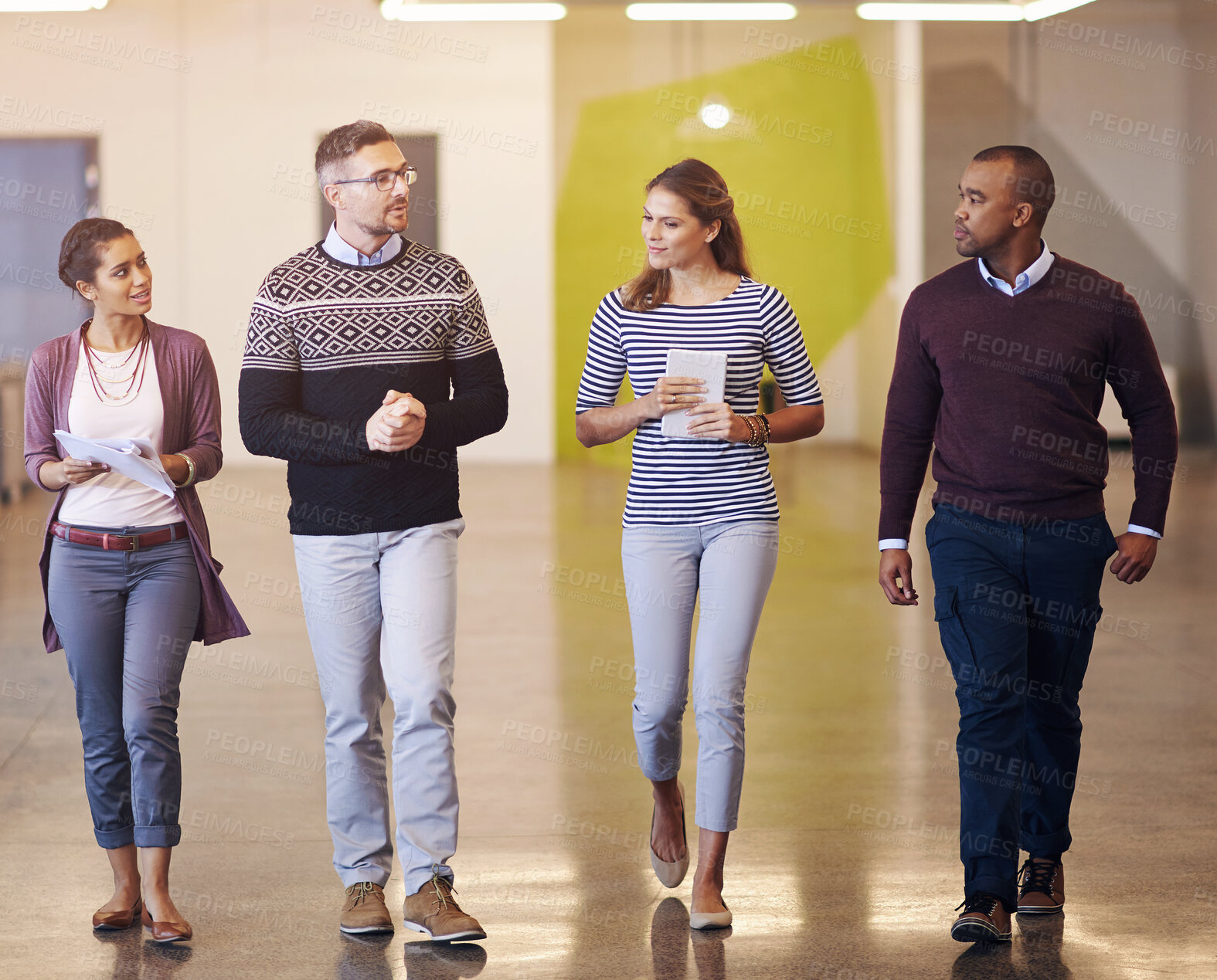 Buy stock photo Walking, business people and tablet with management, collaboration and creative talk on web design. Brainstorming, startup and discussion for tech and website update with work planning in office