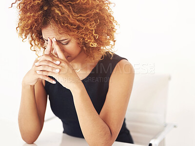 Buy stock photo Black woman, headache and stress from fail in office with tired employee with burnout and anxiety. Brain fog, fatigue and working problem at desk with worry from public relations deadline at job