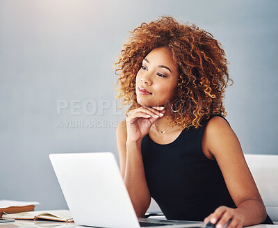 Buy stock photo Thinking, laptop and business woman in office for problem solving, brainstorming ideas and solution. Professional, corporate and person with computer for research, website and internet in studio