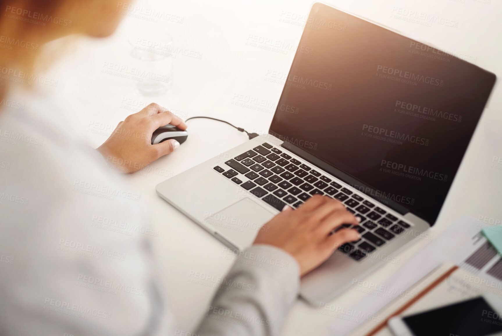 Buy stock photo Hands, laptop and typing with blank screen, copyspace and mockup for networking in modern office. Person, computer and click keyboard for search, reading and contact on web connection with empty ux