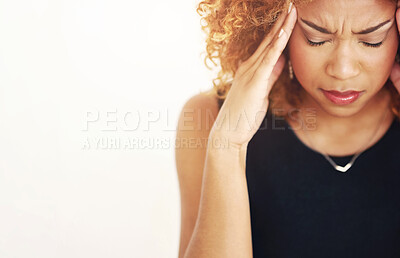 Buy stock photo Black woman, headache and anxiety from work in studio with tired employee with burnout and mockup. Brain fog, fatigue and business problem with mistake and worry from deadline with white background