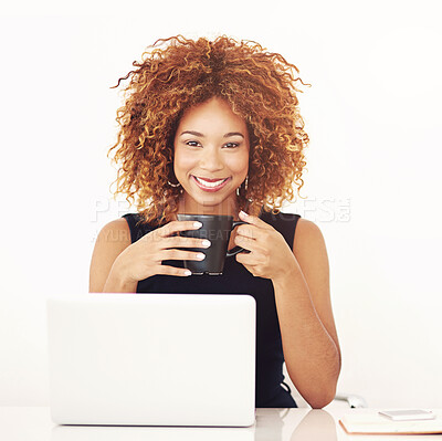 Buy stock photo Business, portrait and woman with coffee, laptop and smile for online project, research or planning in studio. Relax, drink and happy consultant at desk with computer, notebook and white background.